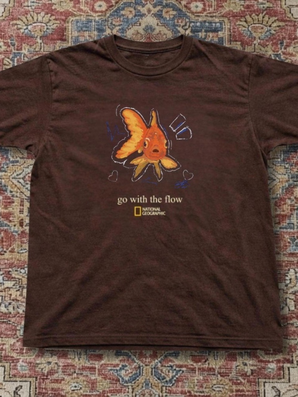 Go With The Flow Goldfish Fish Vintage Brown T-Shirt